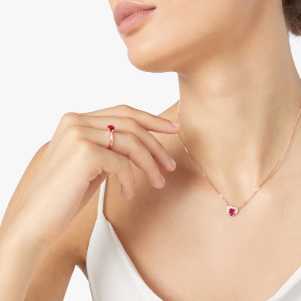 Rose Gold, Synthetic Ruby & Diamond Heart Ring