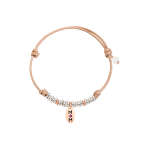 Cord Bracelet With Mum Tag And Rondelle - 9k Rose Gold, Rubies, Silver, Cotton