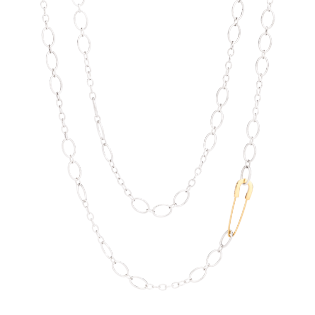 不同尺寸银质链环项链，18k 黄金胸针开合。长 90 Cm。