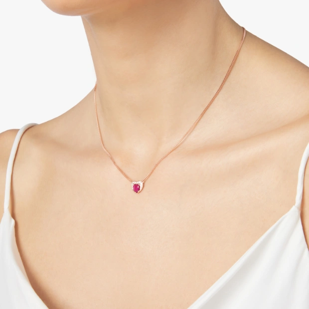 Halskette Herz Roségold, Synthetischer Rubin Und Diamanten