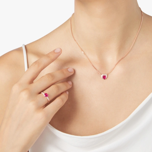 Halskette Herz Roségold, Synthetischer Rubin Und Diamanten